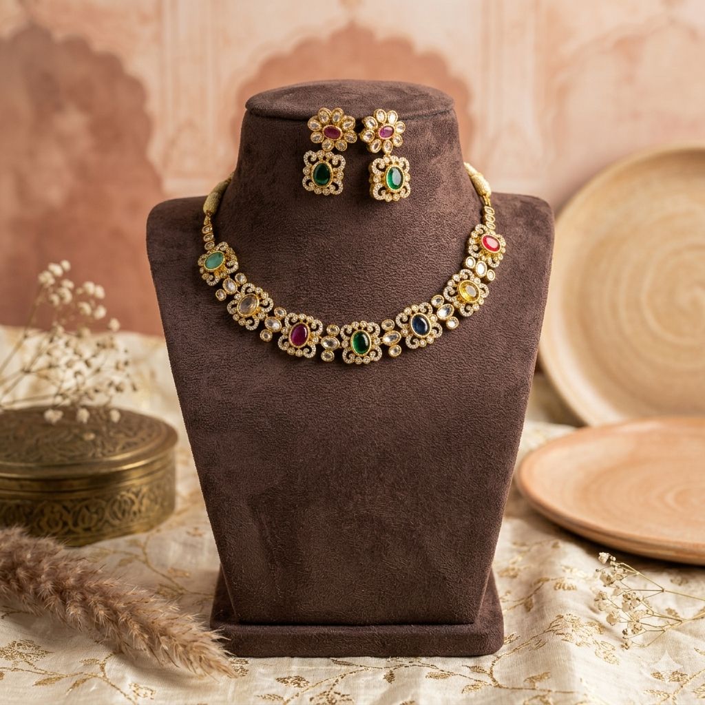 Premium multicolour AD stone necklace