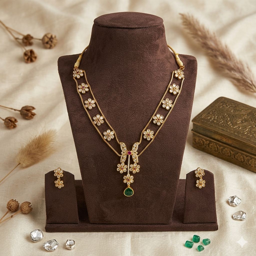 Premium imperial double layer white Kundan stone with emerald green  necklace