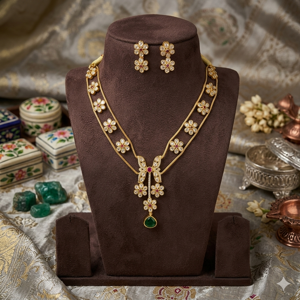 Premium imperial double layer white Kundan stone with emerald green  necklace