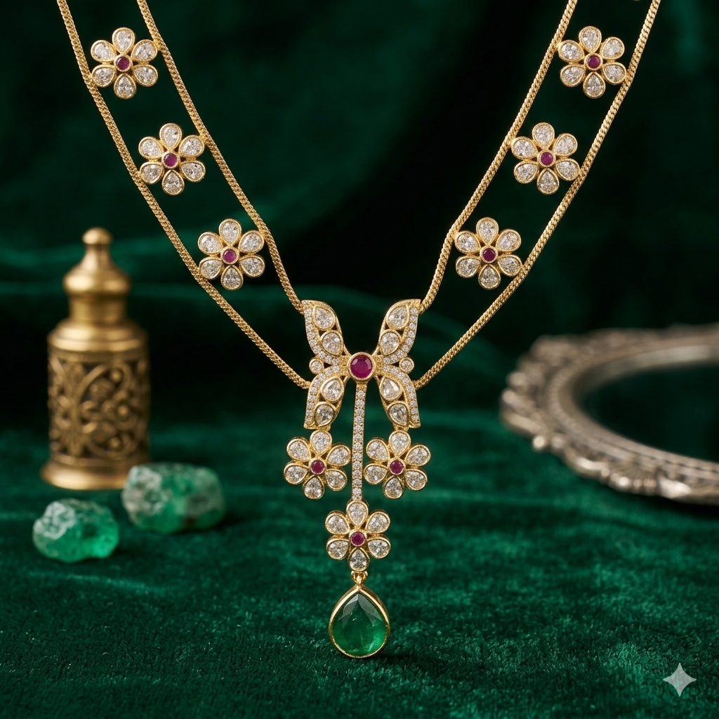 Premium imperial double layer white Kundan stone with emerald green  necklace