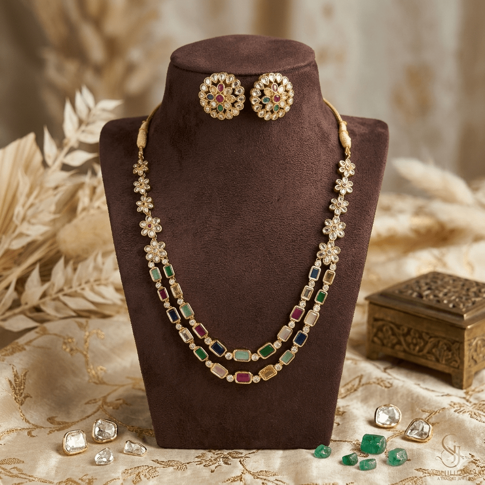 Premium Double layer multicolour Kundan stone necklace- occasion wear