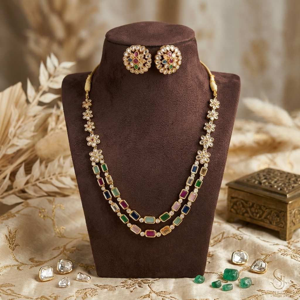 Premium Double layer multicolour Kundan stone necklace- occasion wear