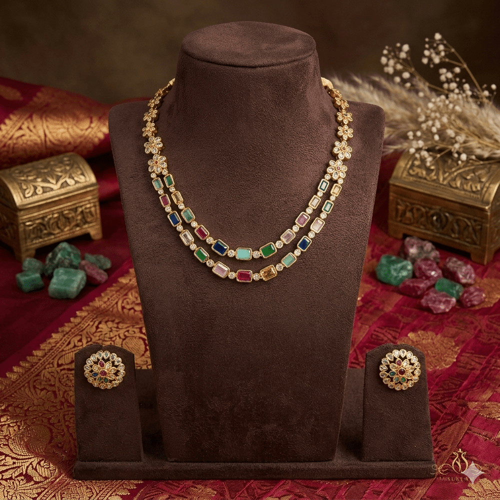 Premium Double layer multicolour Kundan stone necklace- occasion wear