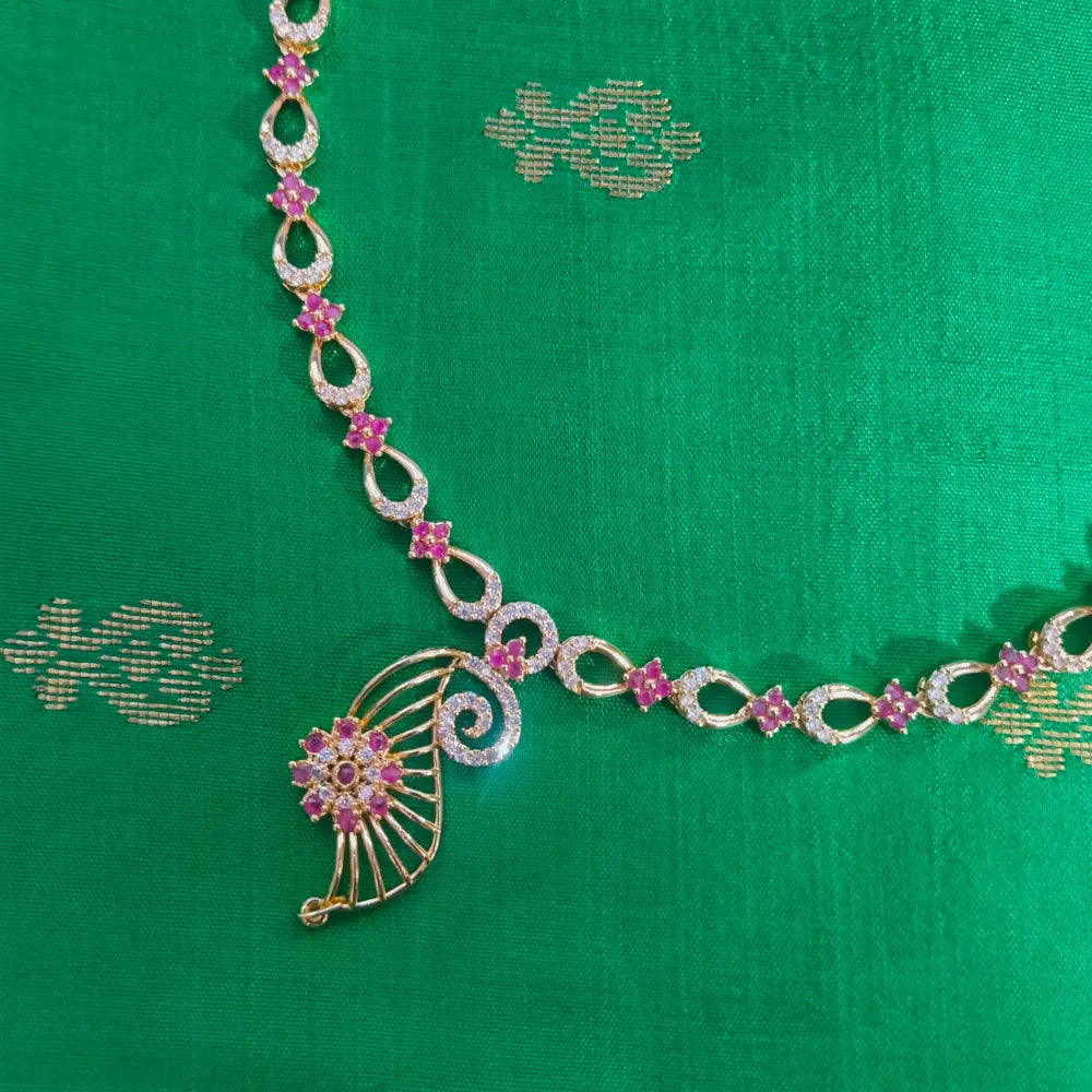 Premium Impon Ruby(Pink) and white stone minimal necklace - work to event