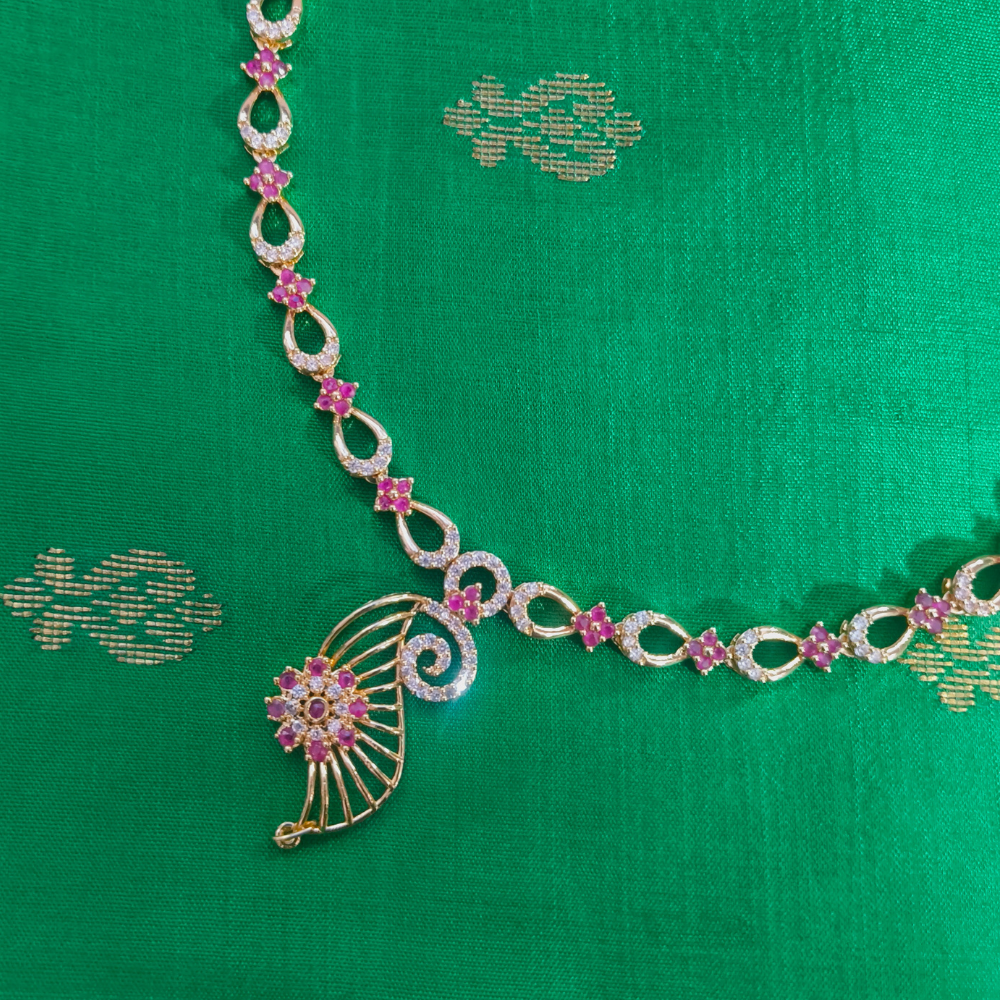 Premium Impon Ruby(Pink) and white stone minimal necklace - work to event