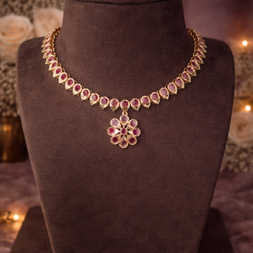 Premium Impon Ruby floral Pendant Necklace - work to event jewellery