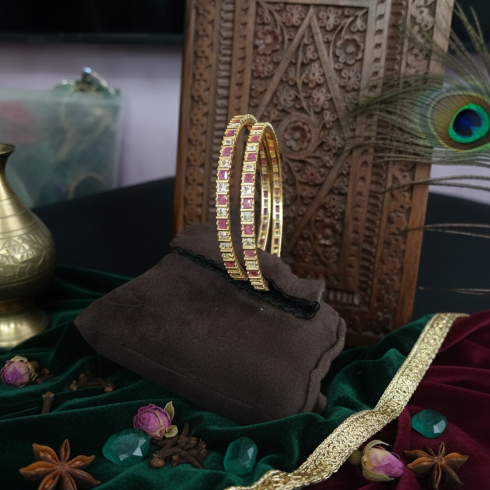 Premium Impon Ruby pink and white Cubic Zirconia stone Bangles - occasion wear