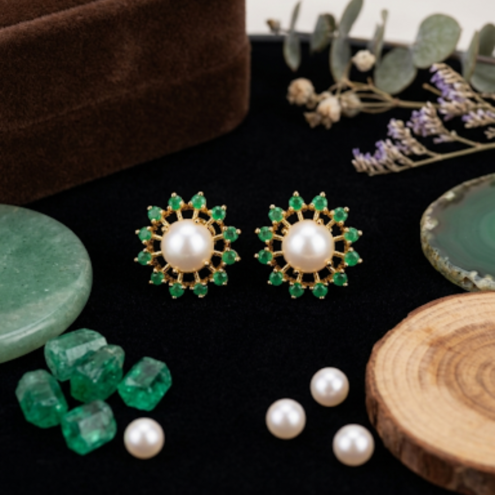 Premium Impon CZ White, Ruby & Pearl Emerald Green Earrings Combo