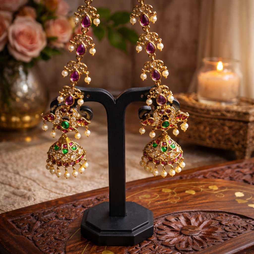 Premium pink with green kemp stone and pearls Annan Jhumkas with mattal - occasion wear