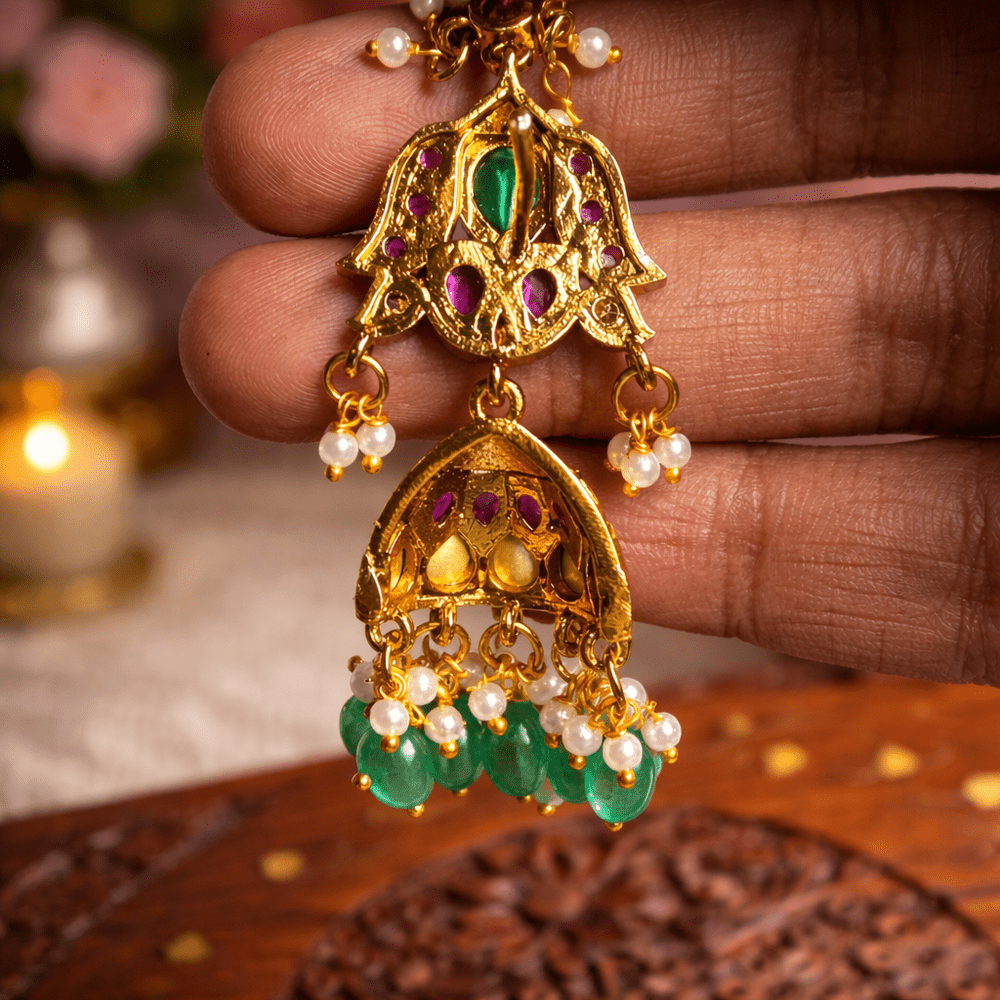 Zamindarani pink and green Kemp stone Jhumkas with matal