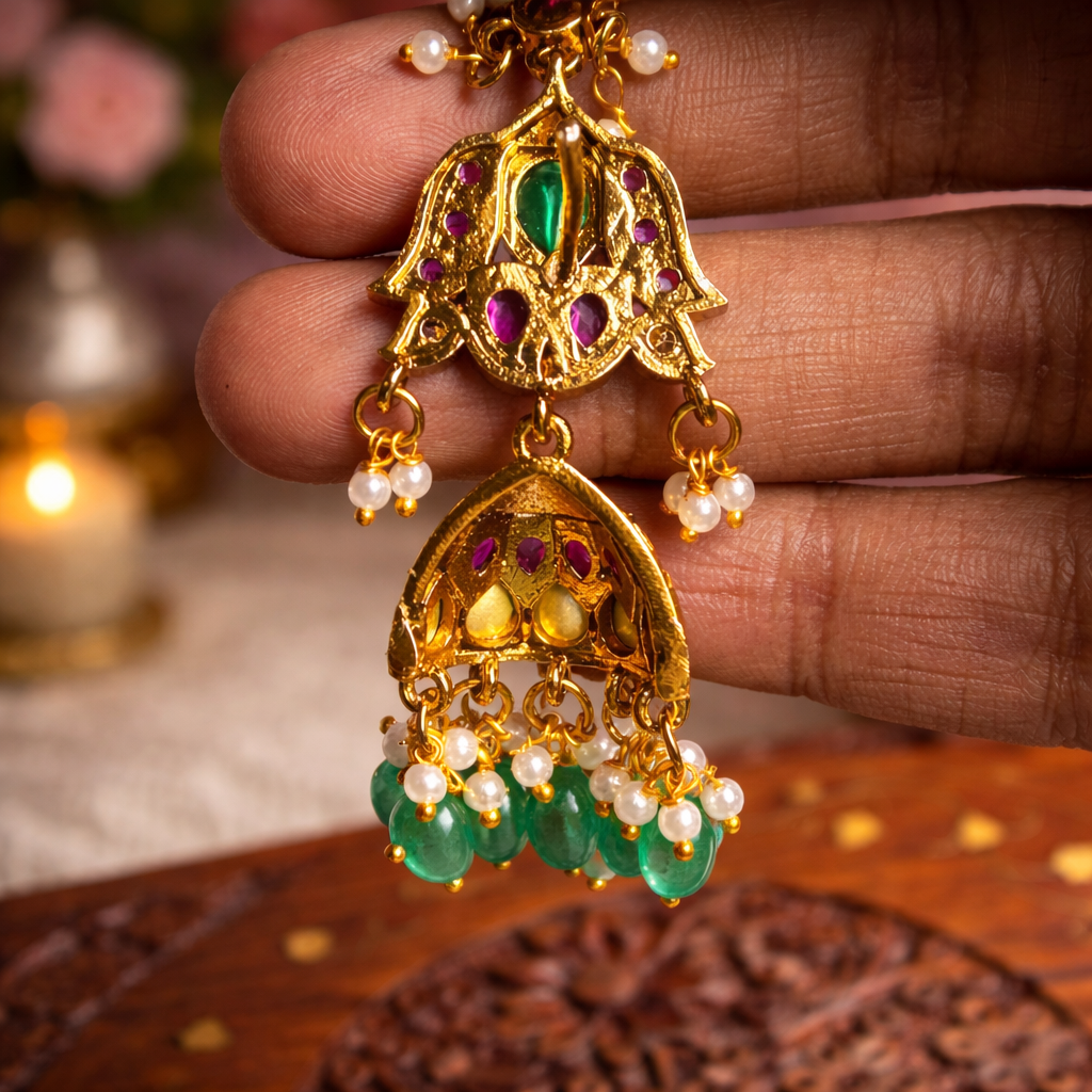 Zamindarani pink and green Kemp stone Jhumkas with matal