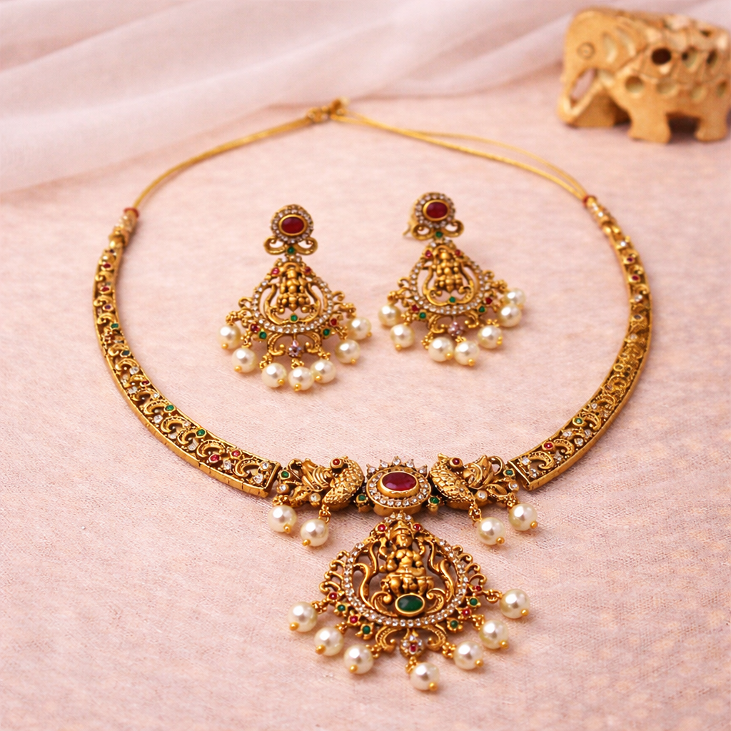 Zenshyn antique with minimal AD stone necklace set - occasion wear