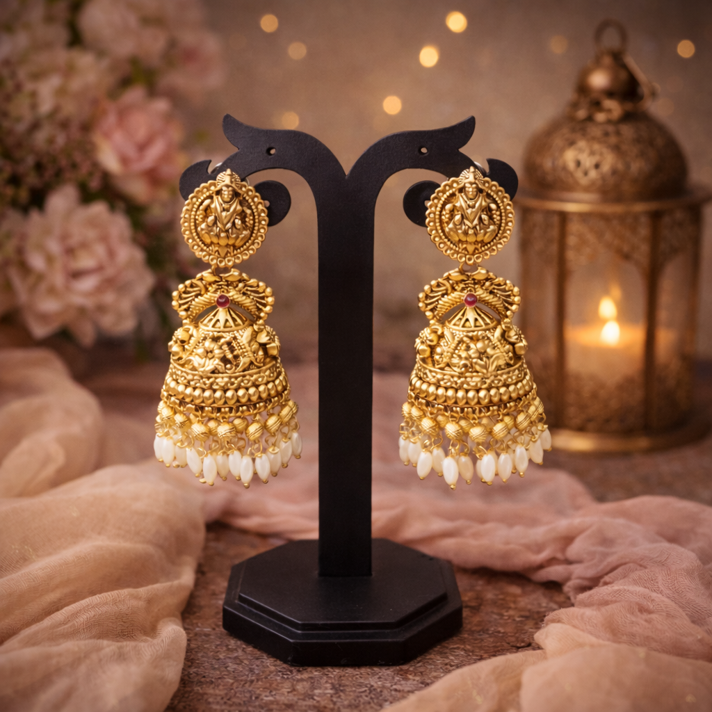 Zenshyn Classic Temple statement Jhumkas with long Pearls - Occasion