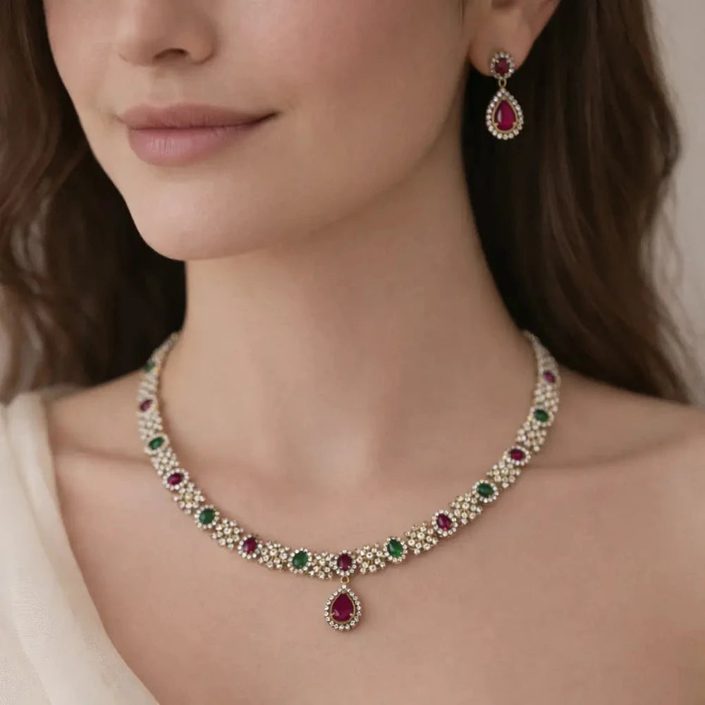 Aanya Multicolour AD stone Minimal Necklace - Occasion set