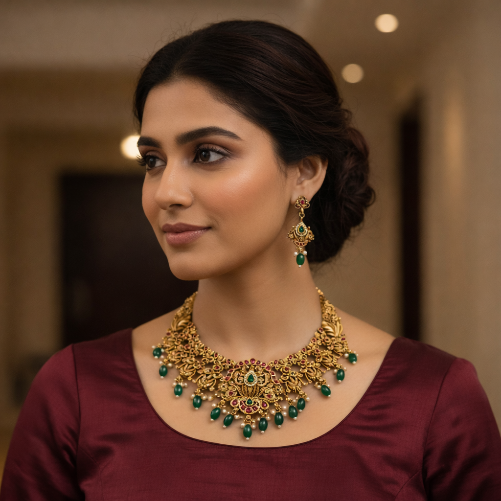 Nagas Temple with Green stone statement necklace - Occasion wear jewellery