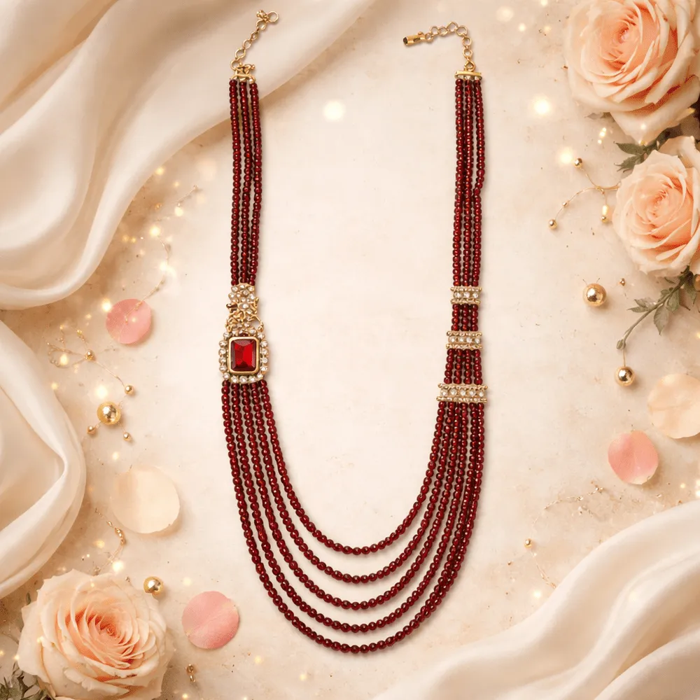 Royal AD red  multilayer long crystal bead chain - occasion wear