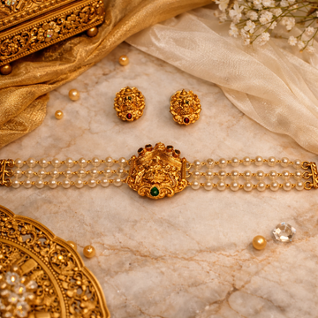 Three layer pearl choker with lakshmi pendant - occasion set