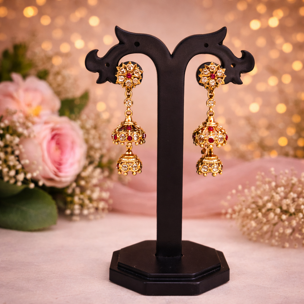 Premium impon double layer Cubic Zirconia  Red and white stone jhumkas - occasion wear