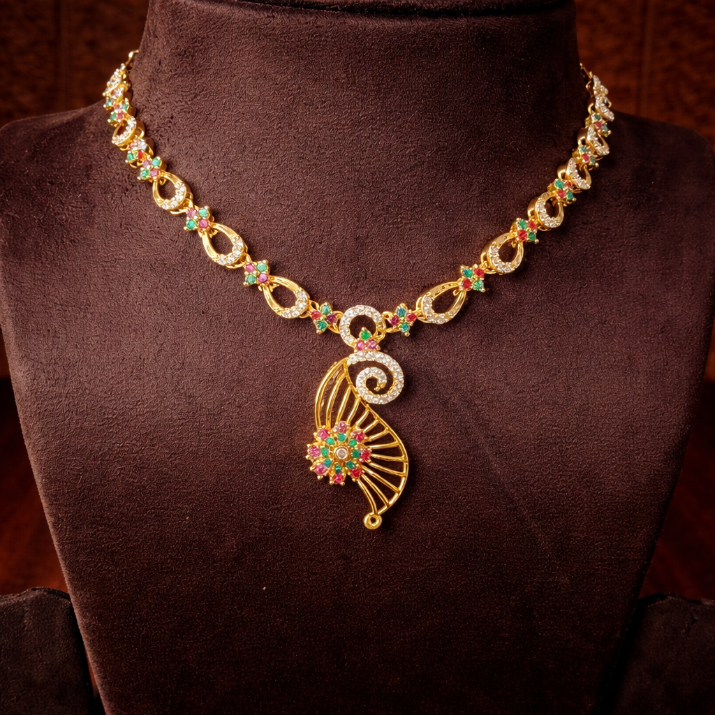 Premium Impon Ruby(Pink) and white stone minimal necklace - work to event