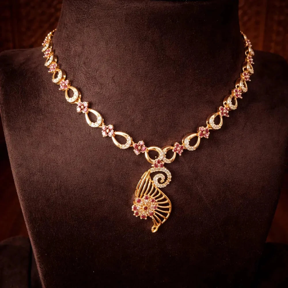 Premium Impon Ruby(Pink) and white stone minimal necklace - work to event