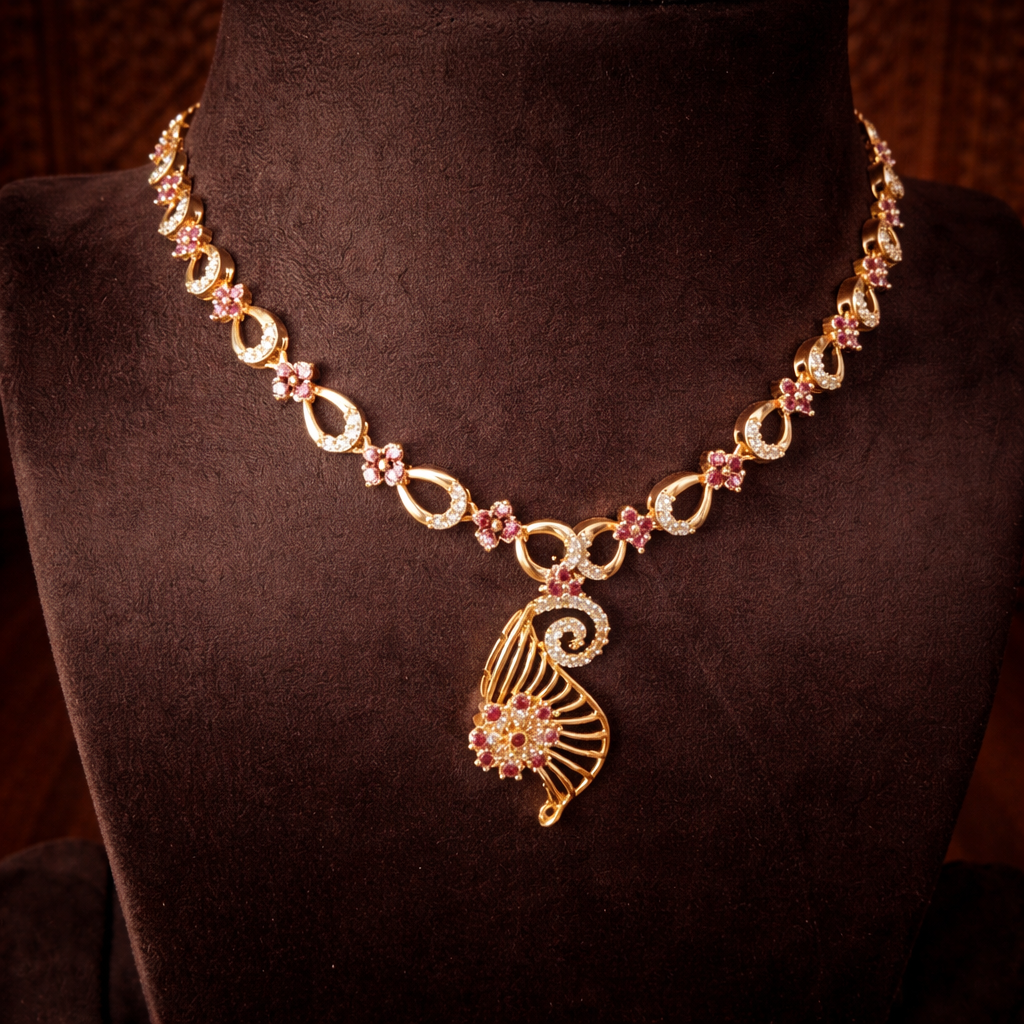 Premium Impon Ruby(Pink) and white stone minimal necklace - work to event