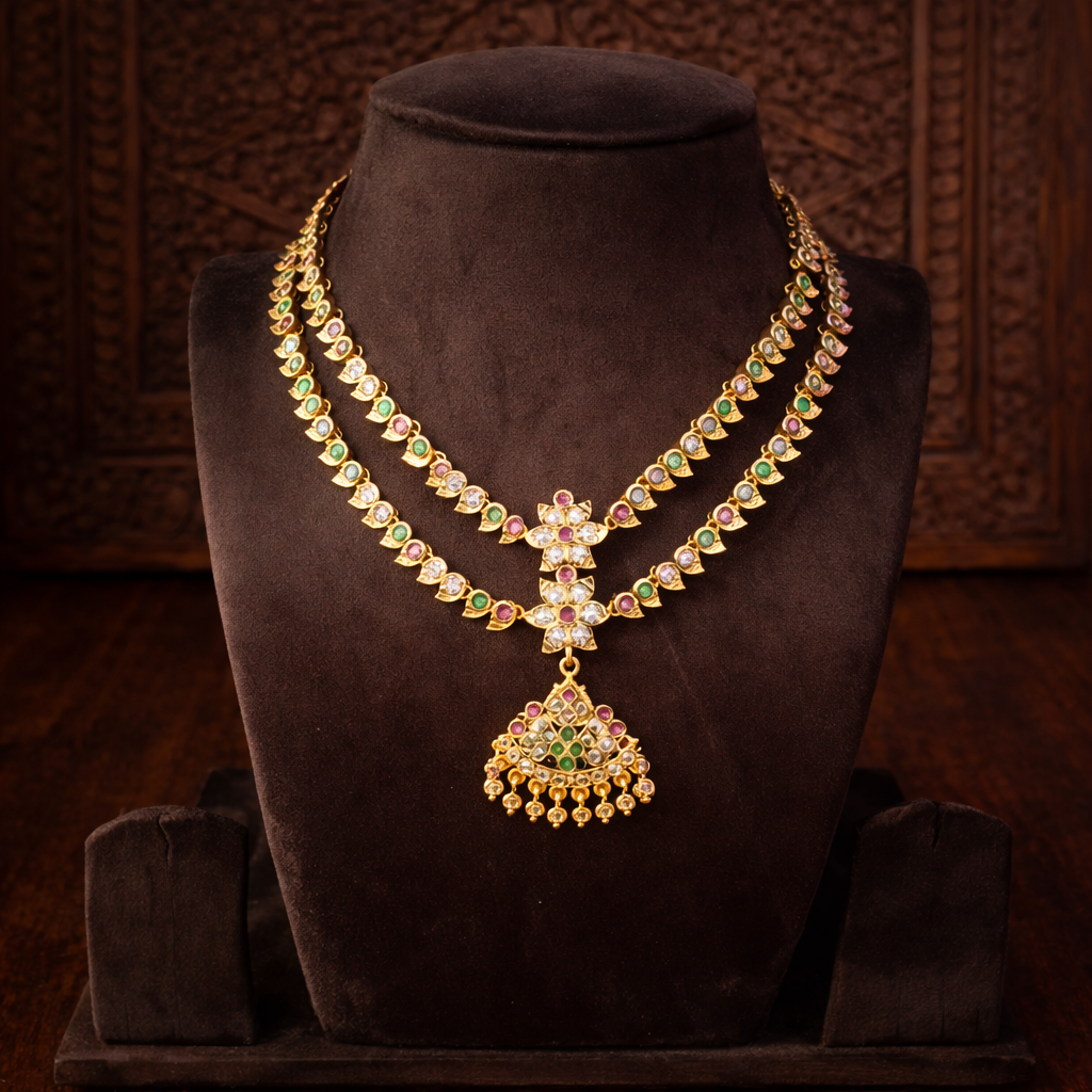 Premium impon double layer multicolor (Pink , Green and White) Cubic Zirconia stone - occassion wear
