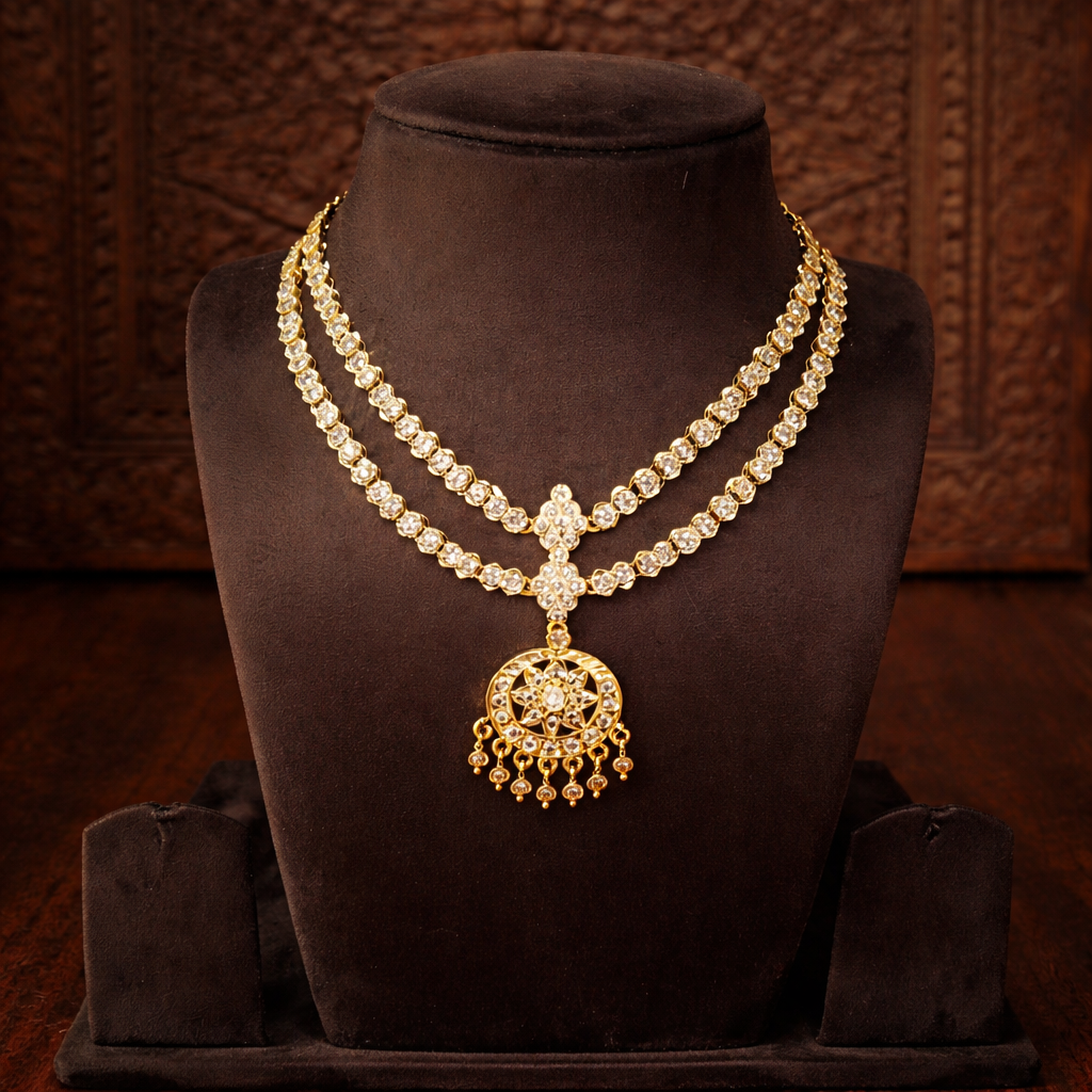 Premium impon double layer white cubic zirconia stone Vintage necklace - occasion wear