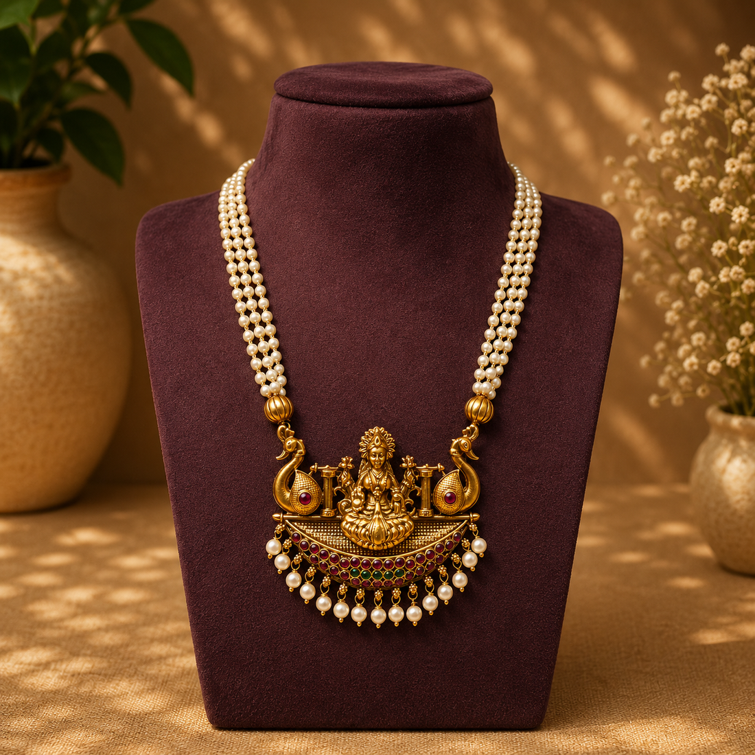 Premium pearl  with Lakshmi pendant mid-length mala- occasion wear