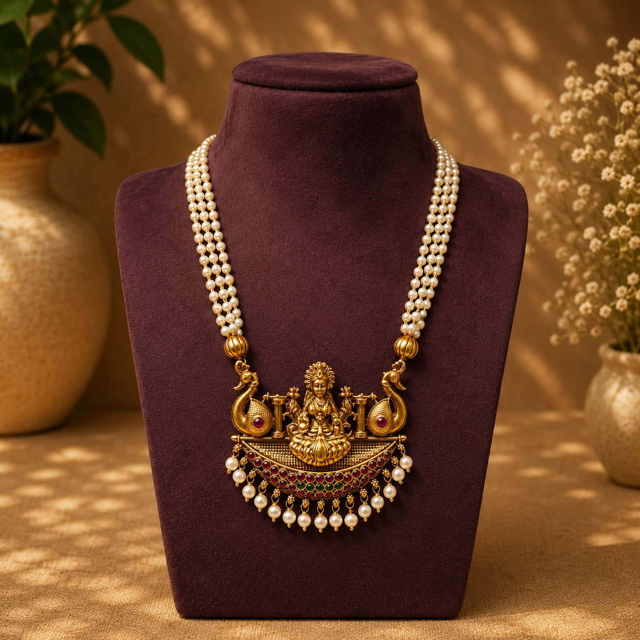 Premium pearl  with Lakshmi pendant mid-length mala- occasion wear