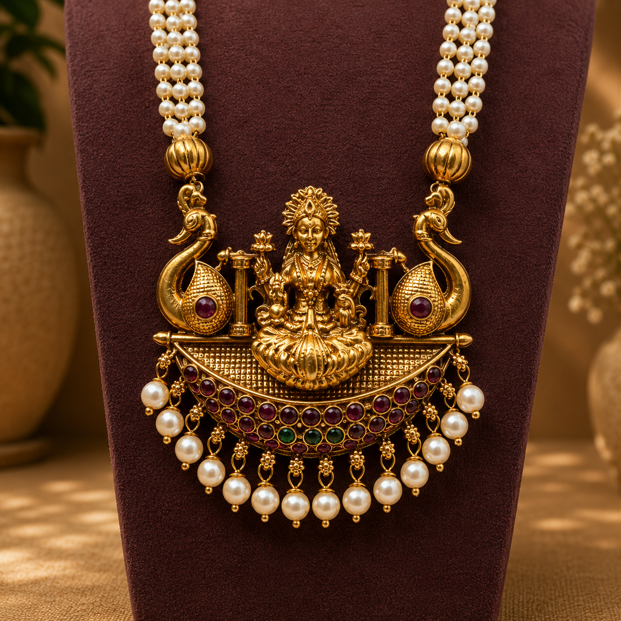 Premium pearl  with Lakshmi pendant mid-length mala- occasion wear