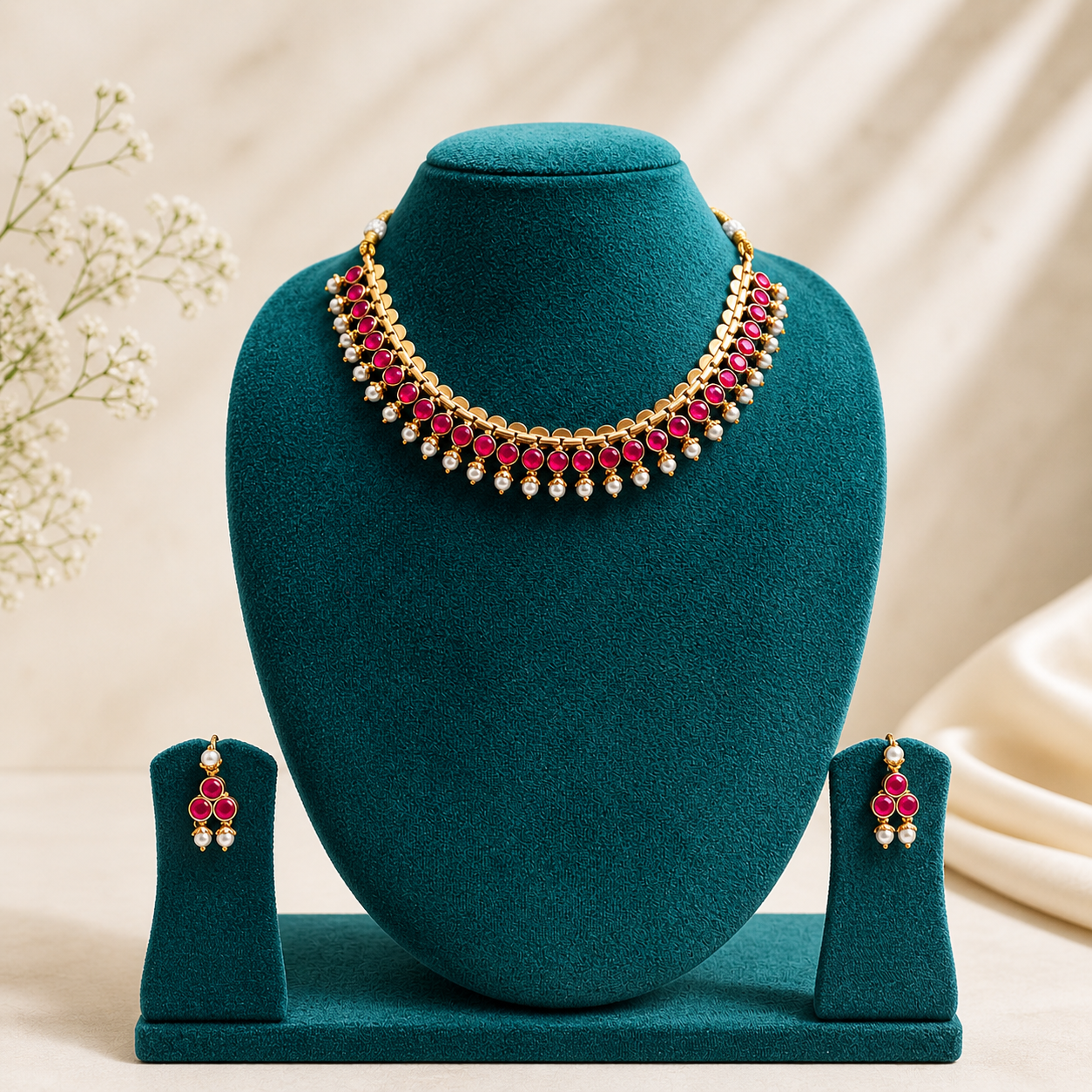 Premium Reversible 2 in 1 pink and green Kemp stone necklace- occasion wear