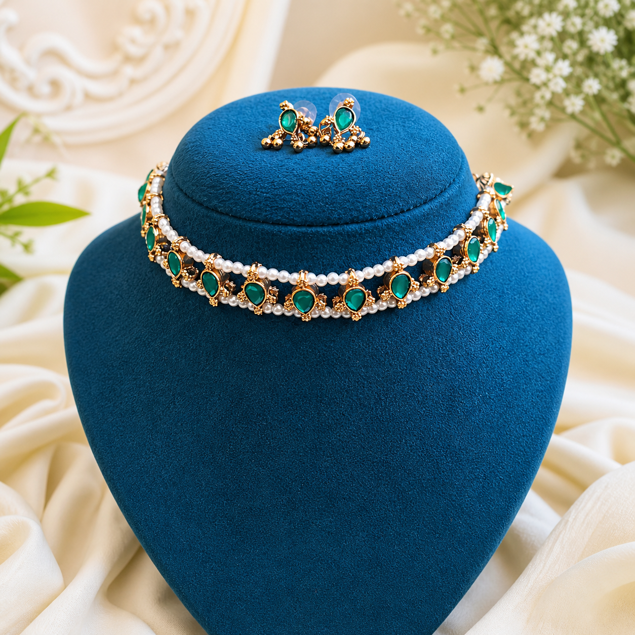 Premium Reversible 2 in 1 pink and green Kemp stone with Pearl choker- occasion wear