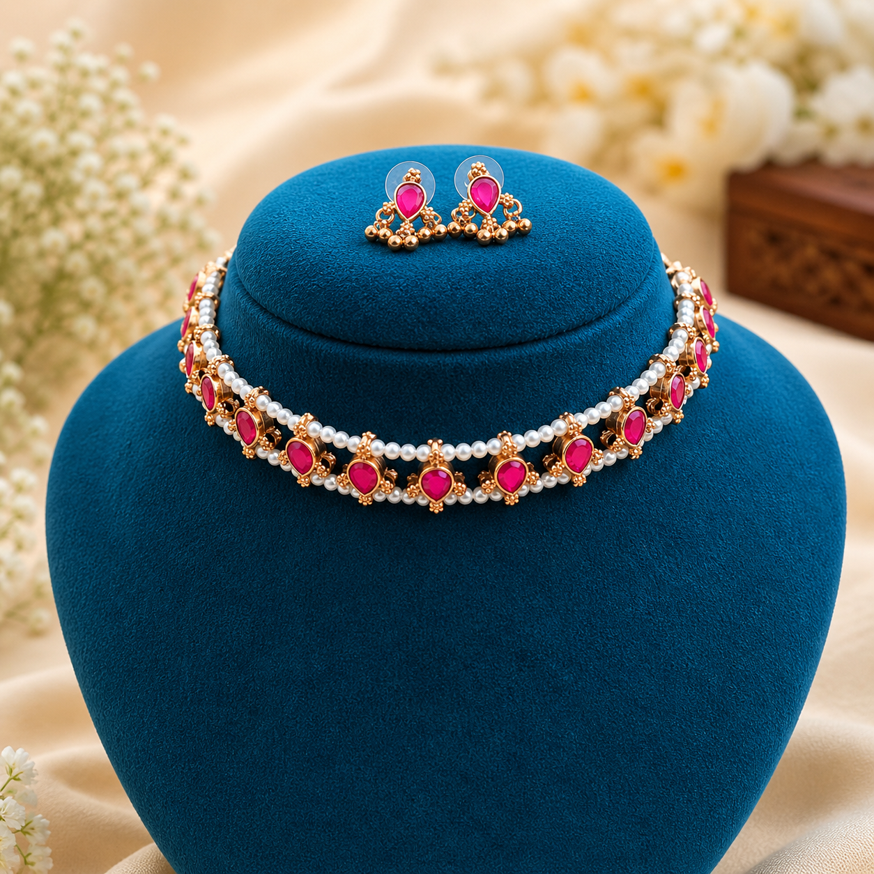 Premium Reversible 2 in 1 pink and green Kemp stone with Pearl choker- occasion wear