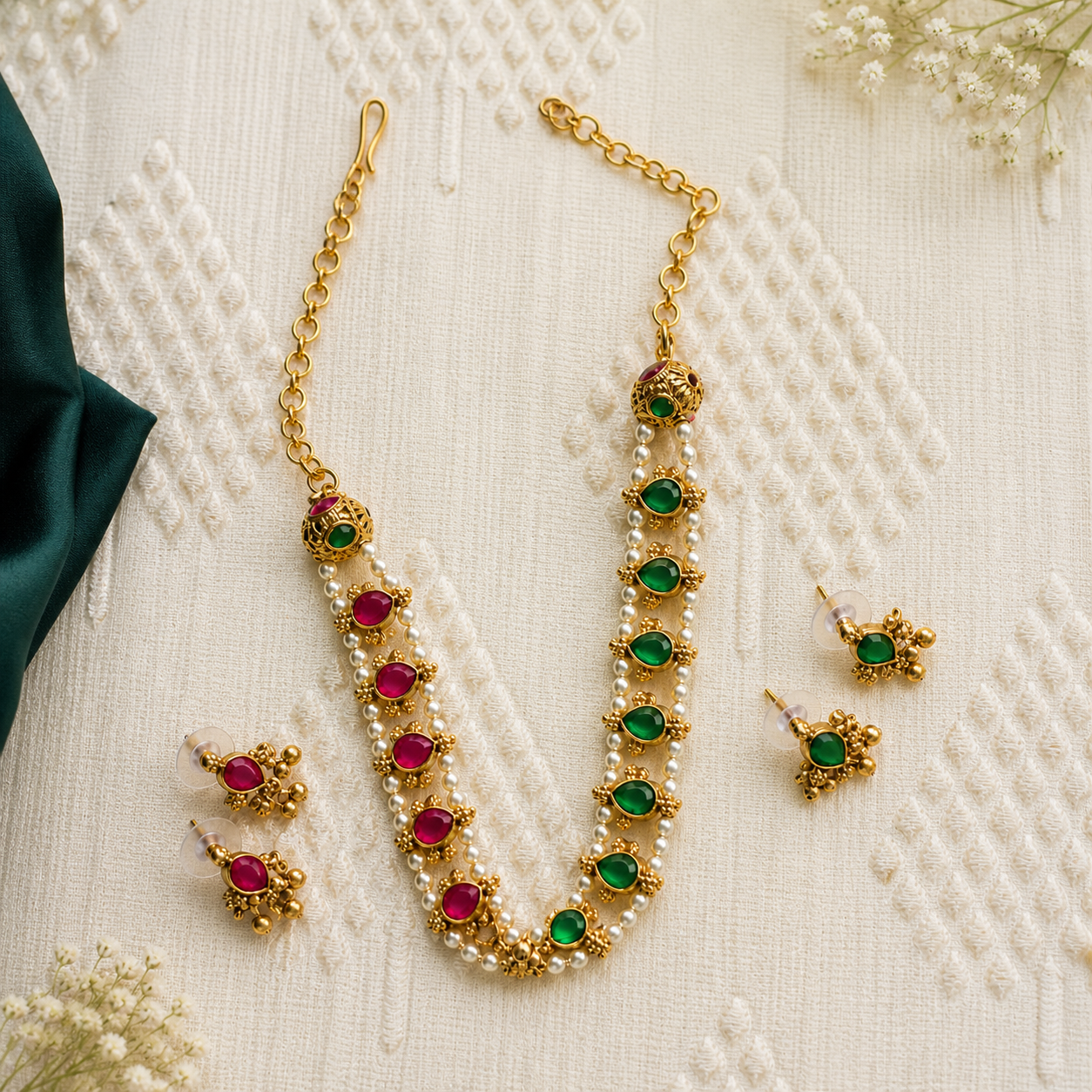 Premium Reversible 2 in 1 pink and green Kemp stone with Pearl choker- occasion wear