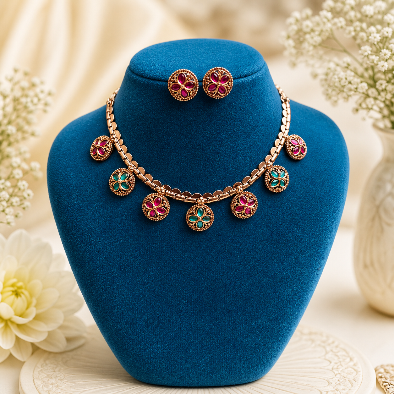 Premium Reversible 2 in 1 Multicolour Kemp stone with coin necklace - occasion wear