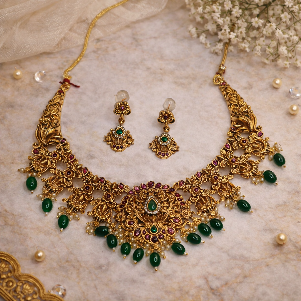 Nagas Temple with Green stone statement necklace - Occasion wear jewellery
