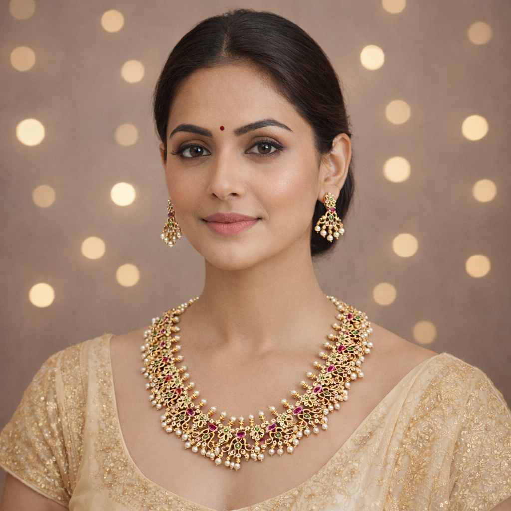 Veda Royal AD pink  stone statement long necklace - occasion set
