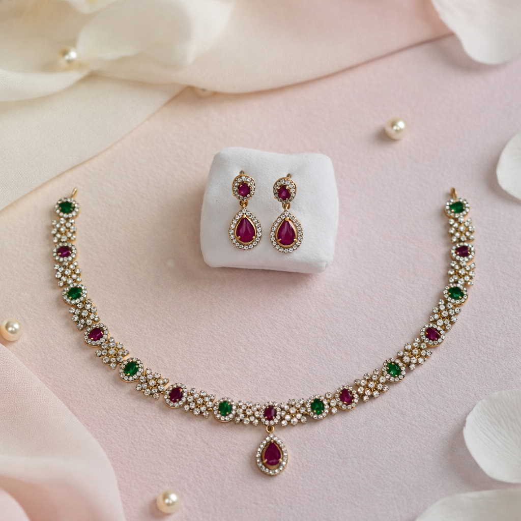 Aanya Multicolour AD stone Minimal Necklace - Occasion set