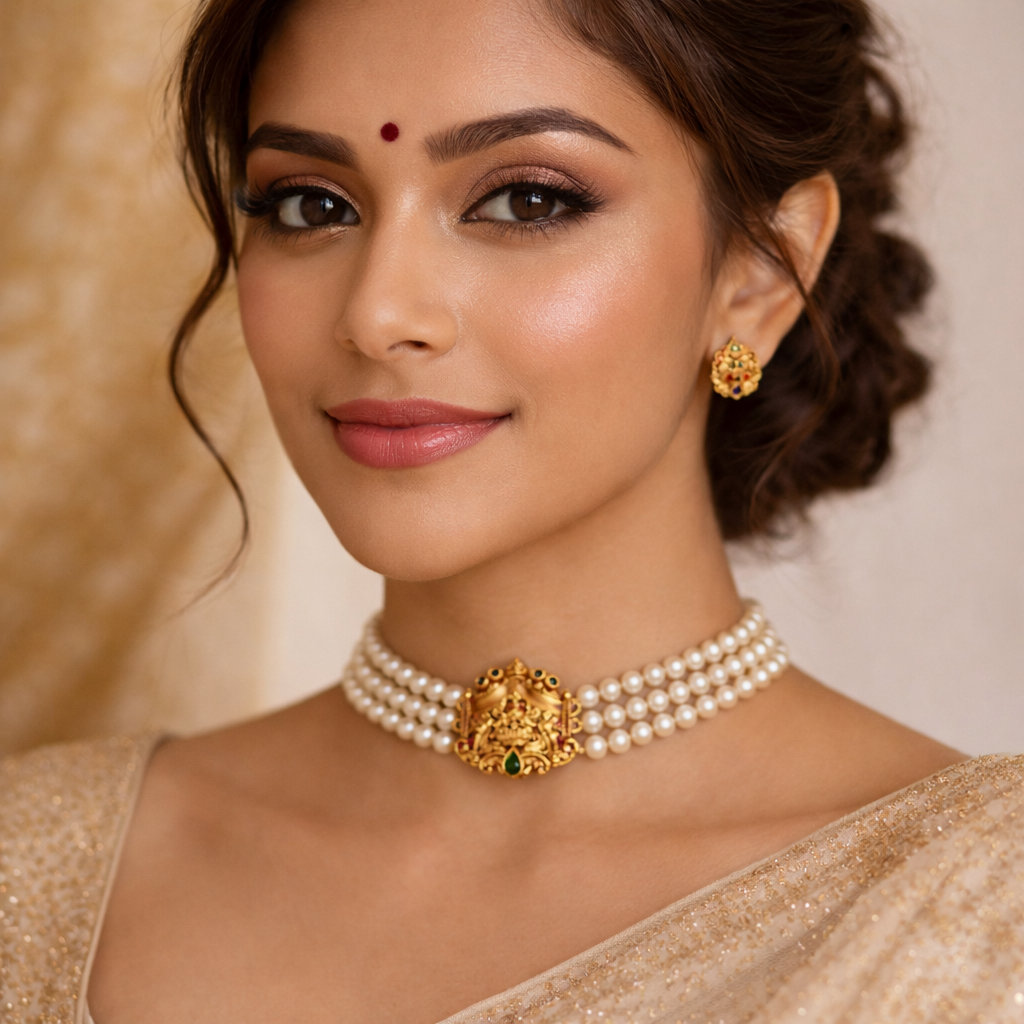 Three layer pearl choker with lakshmi pendant - occasion set