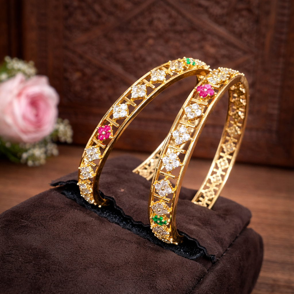 Premium Impon Multicolor(Pink and Green) Cubic zirconia stone bangles - Occasion wear