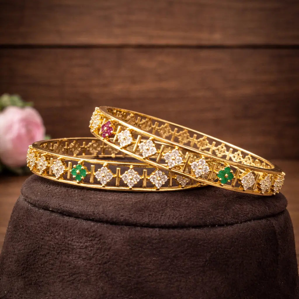 Premium Impon Multicolor(Pink and Green) Cubic zirconia stone bangles - Occasion wear