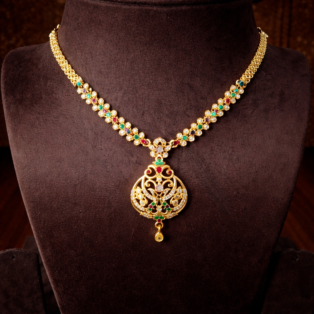 Premium Impon Multicolor(Green, pink and white) AD stone minimal necklace - office wear