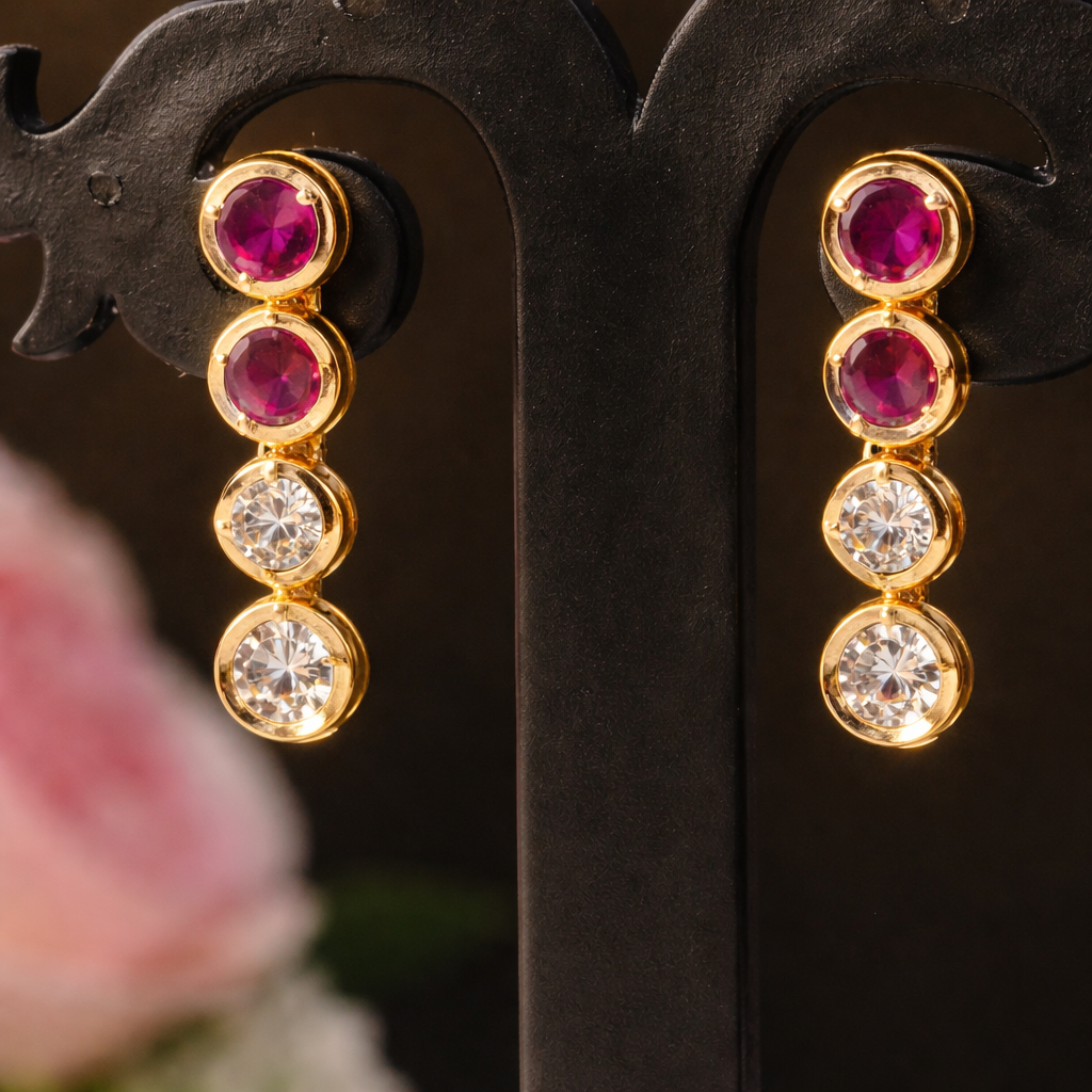 Premium Impon Cubic Zirconia Red and White Stone Minimal Earring - office wear