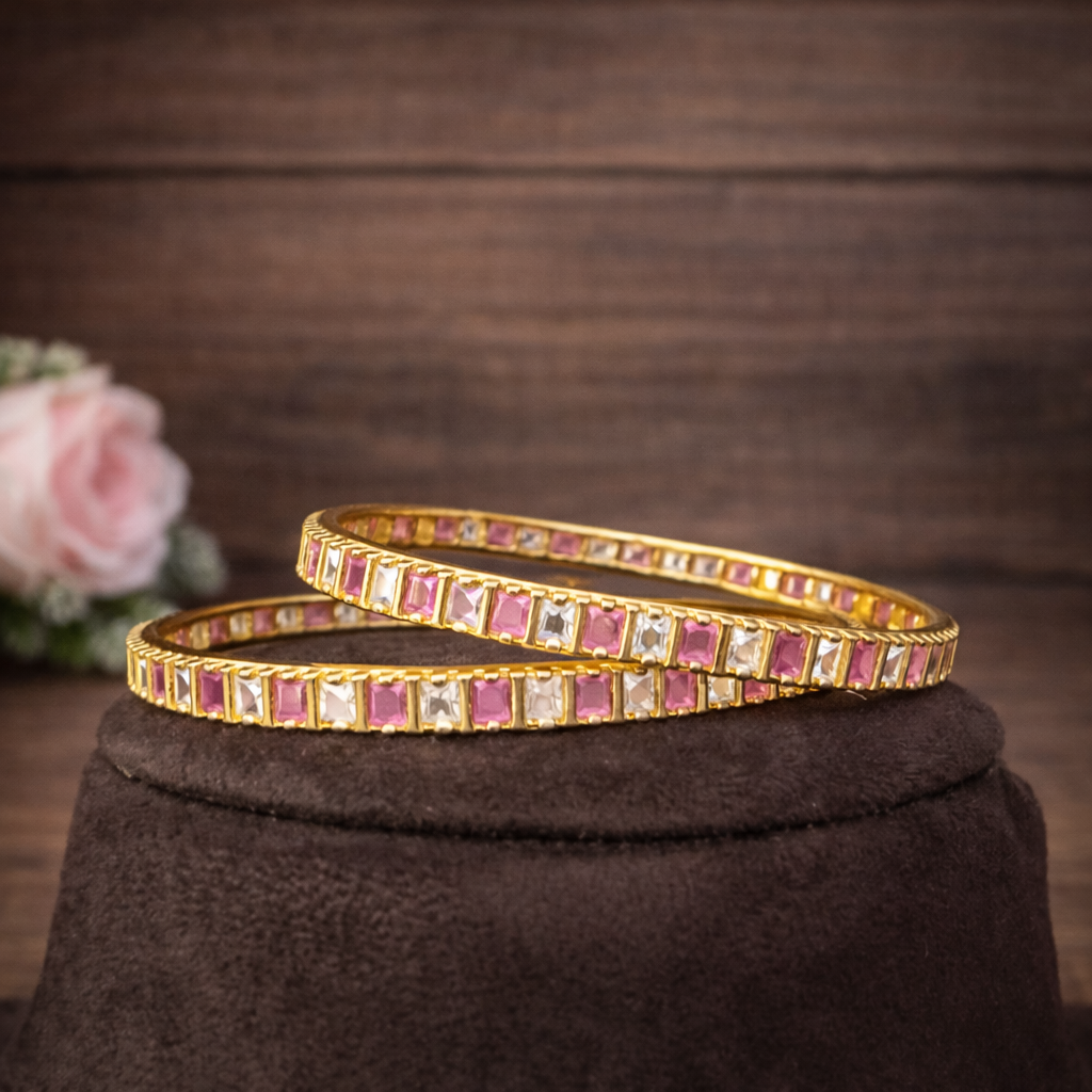 Premium Impon Ruby pink and white Cubic Zirconia stone Bangles - occasion wear