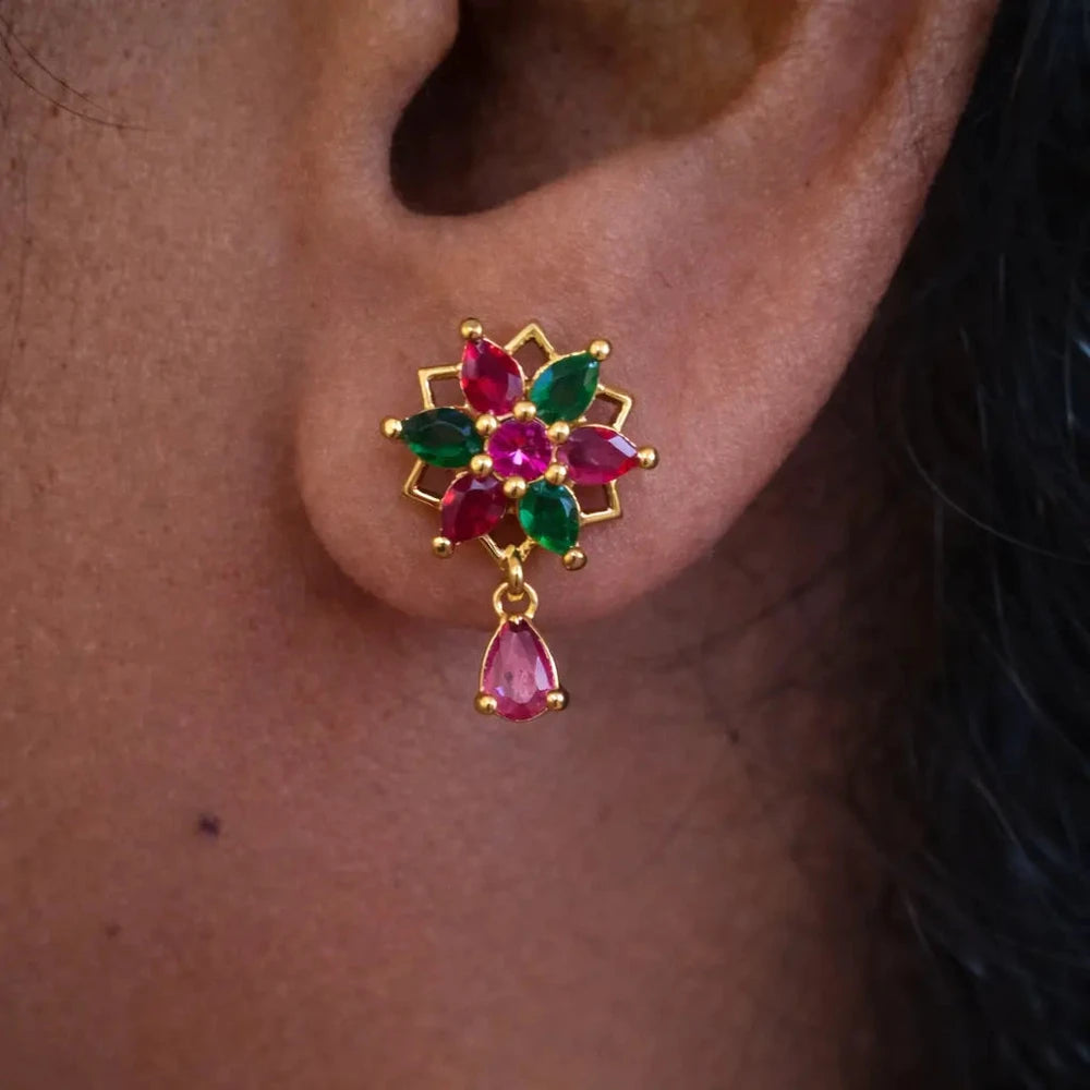 Premium impon cubic zirconia Pink and Green stone stud - Office wear