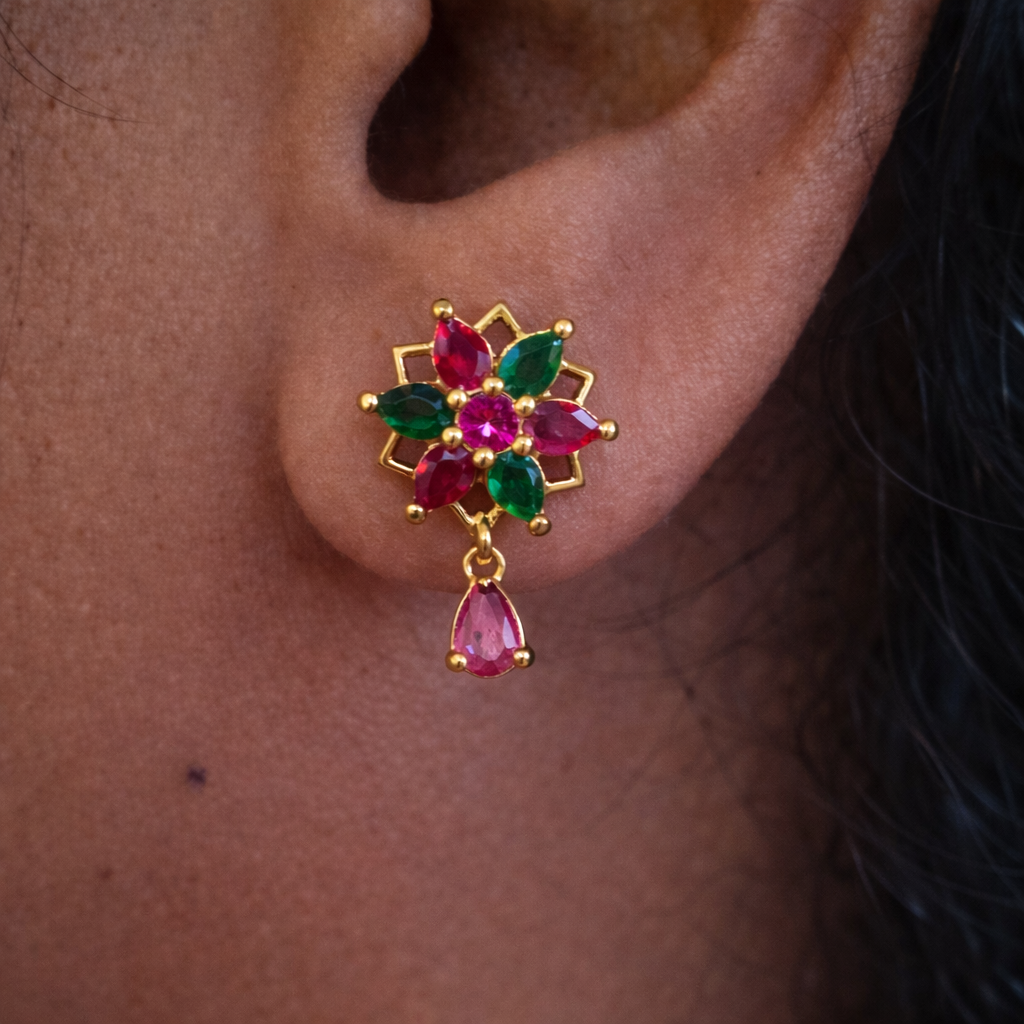 Premium impon cubic zirconia Pink and Green stone stud - Office wear