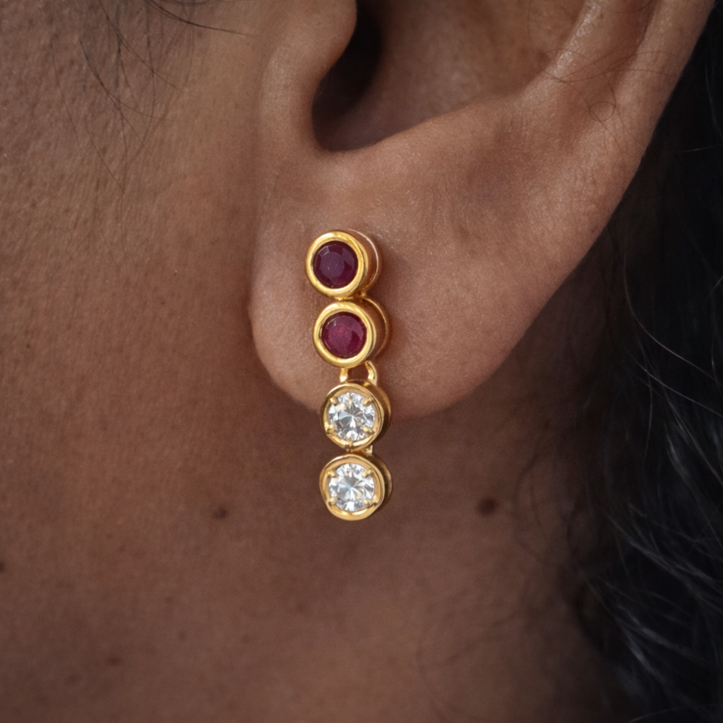 Premium Impon Cubic Zirconia Red and White Stone Minimal Earring - office wear