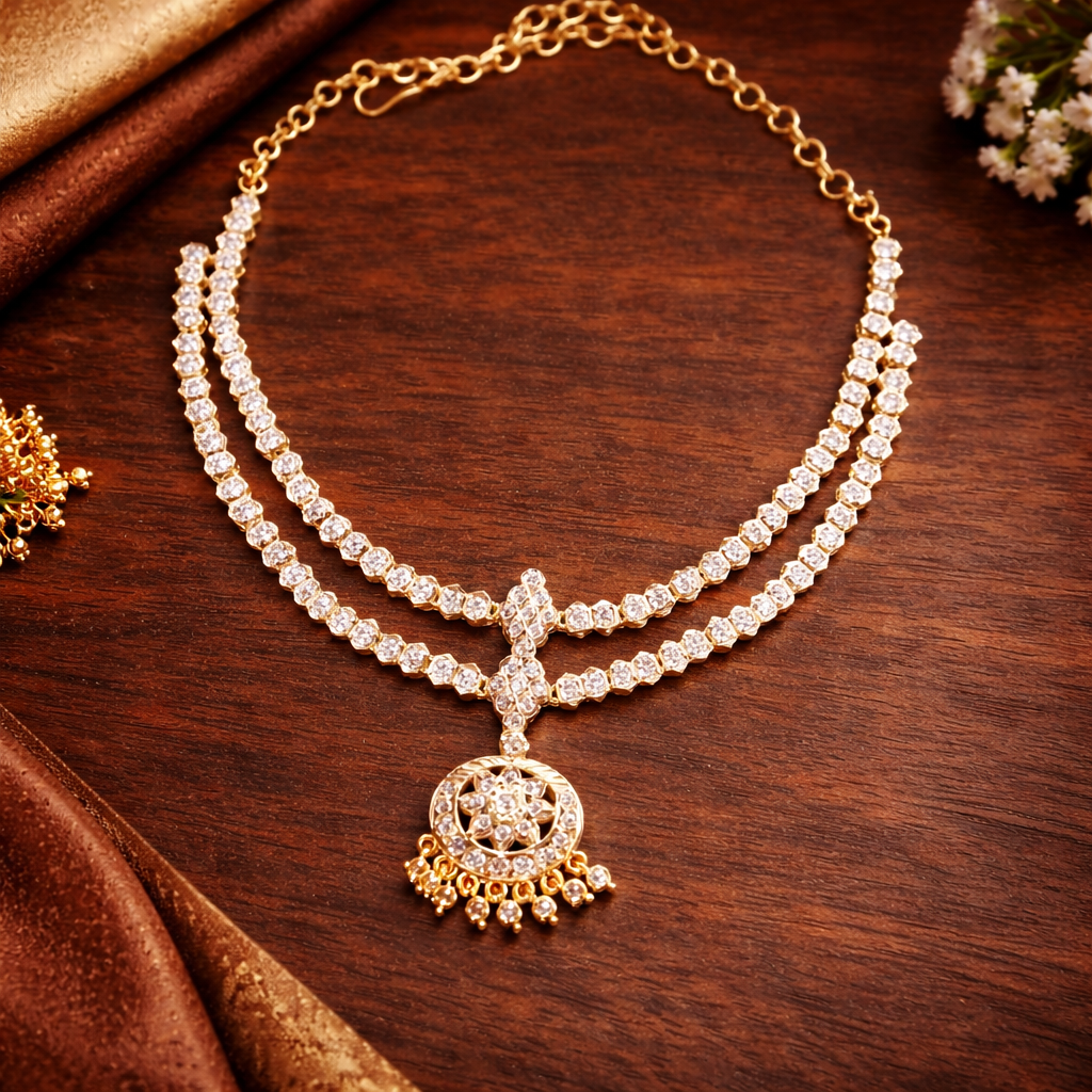 Premium impon double layer white cubic zirconia stone Vintage necklace - occasion wear