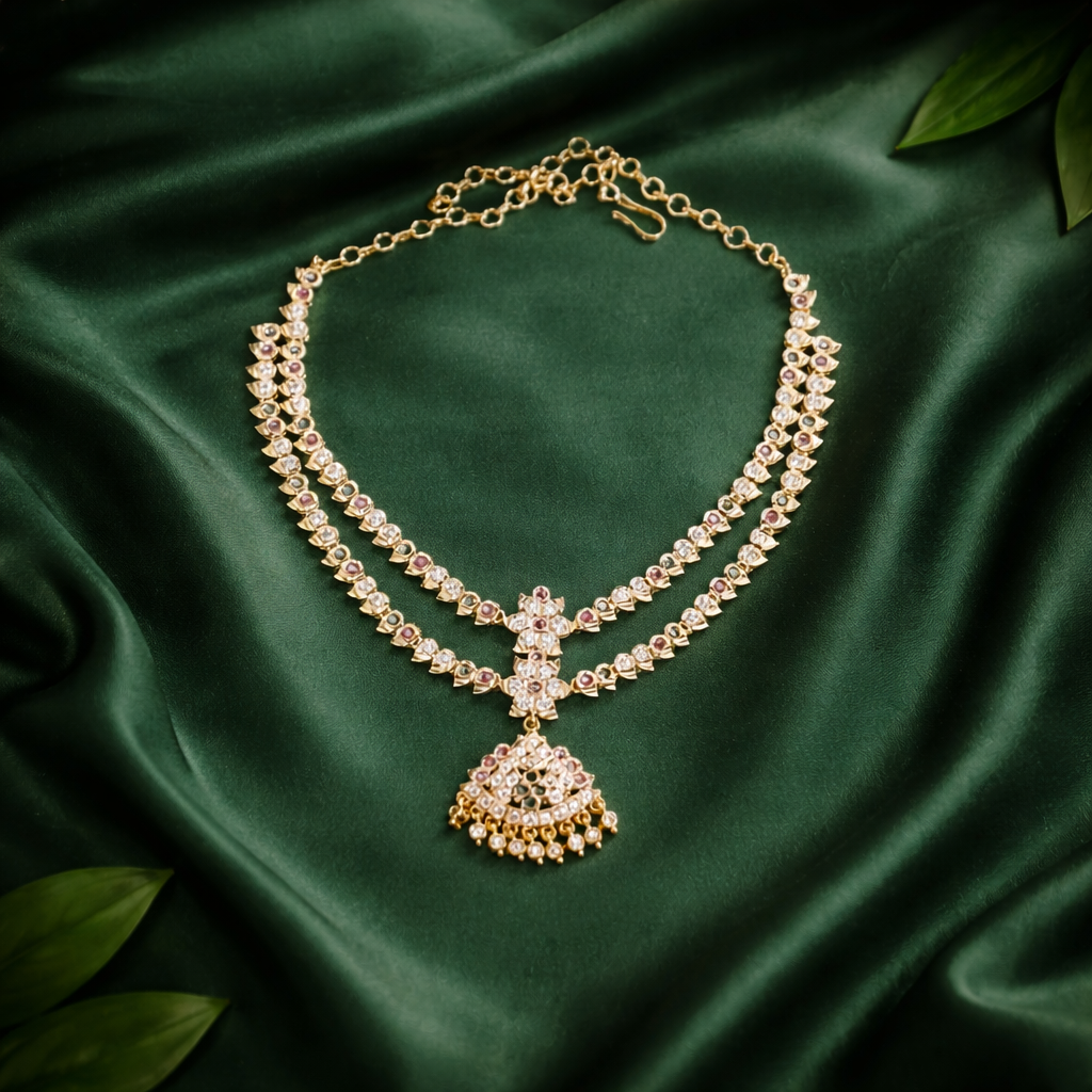 Premium impon double layer multicolor (Pink , Green and White) Cubic Zirconia stone - occassion wear