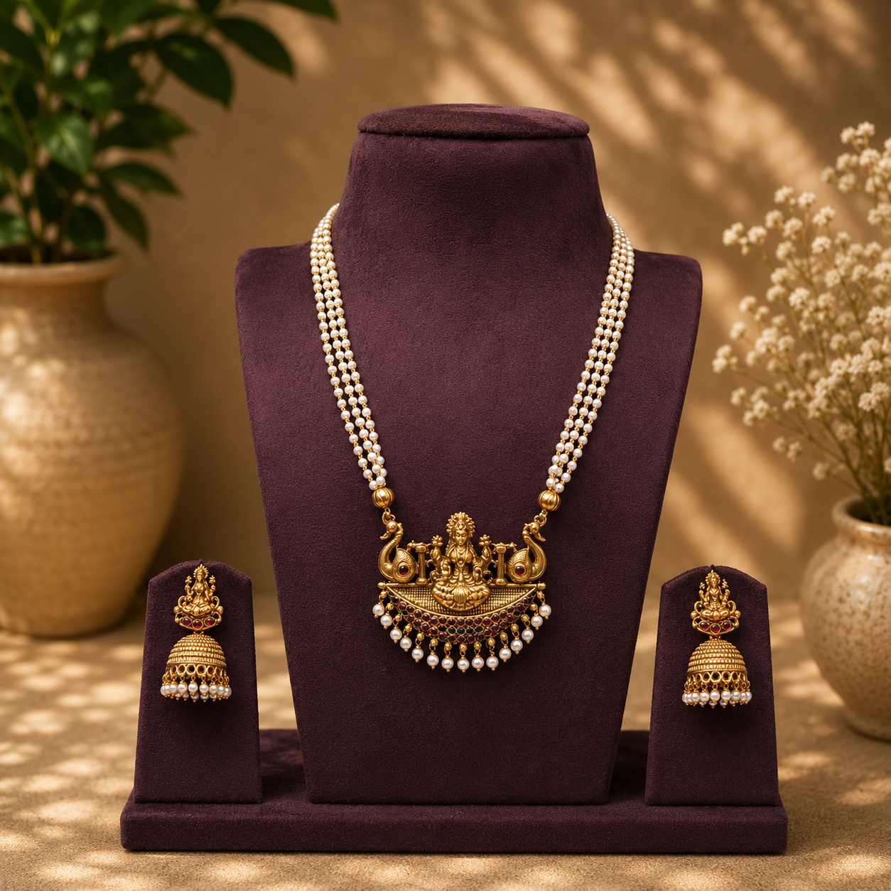 Premium pearl  with Lakshmi pendant mid-length mala- occasion wear